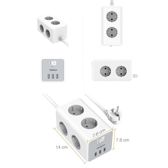 TESSAN TS306 ΠΟΛΥΜΠΡΙΖΟ 6 ΘΕΣΕΩΝ 3 USB ΓΚΡΙ/ΛΕΥΚΟ