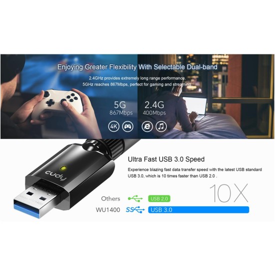 CUDY WU1400 AC1300 WI-FI HIGH GAIN USB 3.0 ADAPTER