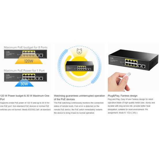 CUDY FS1010P 8 PORT + 2 UPLINK 10/100 POE+ SWITCH 120W