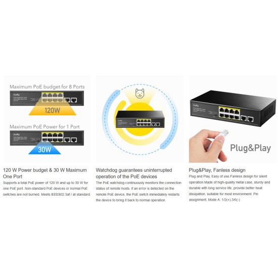 CUDY GS1010P 8 PORT + 2 UPLINK GIGABIT POE+ SWITCH 120W