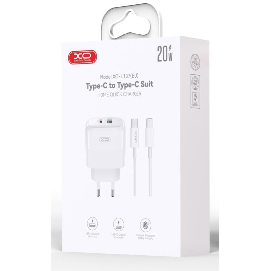XO L137 ΦΟΡΤΙΣΤΗΣ PD20W/QC18W 1 ΘΥΡΑ USB + 1 ΘΥΡΑ PD ΜΕ ΚΑΛΩΔΙΟ TYPE-C ΛΕΥΚΟ