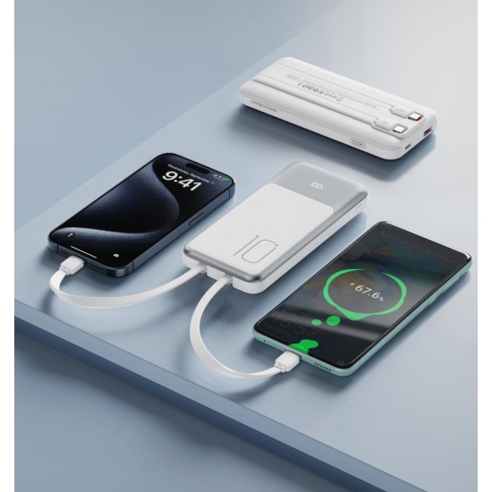 XO PR248 POWERBANK PD 20W + QC 22.5W ΜΕ ΕΝΣΩΜΑΤΩΜΕΝΟ ΚΑΛΩΔΙΟ TYPE-C ΚΑΙ LIGHTNING  ΟΘΟΝΗ 10000mAh  ΛΕΥΚΟ
