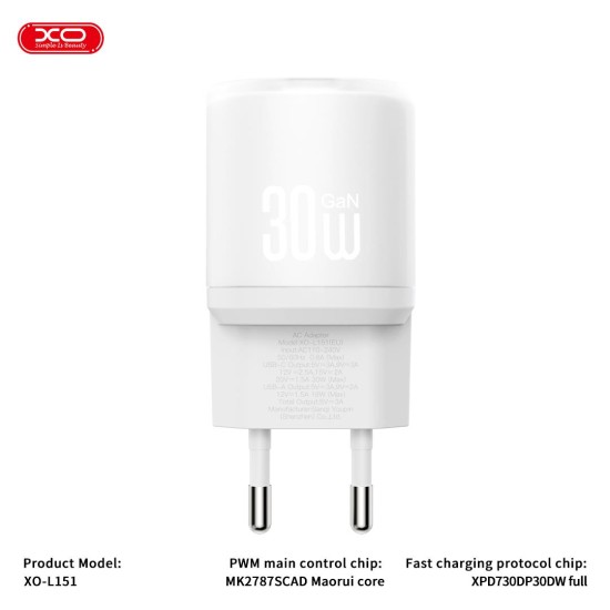XO L151 ΦΟΡΤΙΣΤΗΣ 30W 1 ΘΥΡΑ USB-A 1 ΘΥΡΑ TYPE-C ΛΕΥΚΟΣ