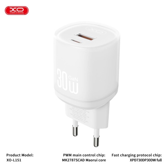 XO L151 ΦΟΡΤΙΣΤΗΣ 30W 1 ΘΥΡΑ USB-A 1 ΘΥΡΑ TYPE-C ΛΕΥΚΟΣ