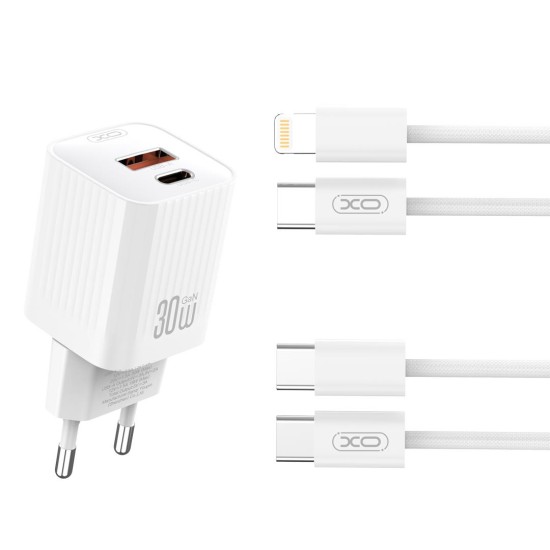 XO L149 ΦΟΡΤΙΣΤΗΣ PD30W 1 ΘΥΡΑ USB-A 1 ΘΥΡΑ TYPE-C ΜΕ ΚΑΛΩΔΙΟ LIGHTNING ΛΕΥΚΟΣ
