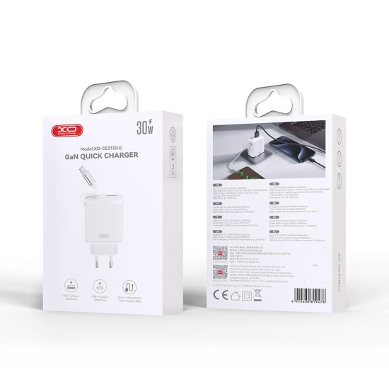 XO CE31 ΦΟΡΤΙΣΤΗΣ 30W GAN ME ΑΝΑΣΥΡΟΜΕΝΟ ΚΑΛΩΔΙΟ 1 ΘΥΡΑ USB 1 ΘΥΡΑ TYPE-C ΚΑΛΩΔΙΟ TYPE-C