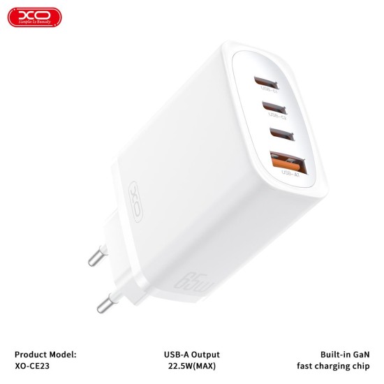 XO CE23 ΦΟΡΤΙΣΤΗΣ 65W GAN NITRIDE 3 ΘΥΡΕΣ TYPE-C 1 ΘΥΡΑ USB ΛΕΥΚΟΣ