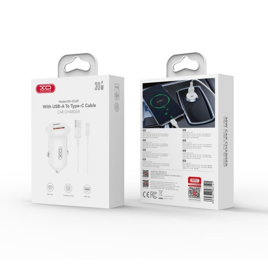 XO CC69 MINI SMART ΦΟΡΤΙΣΤΗΣ ΑΥΤΟΚΙΝΗΤΟΥ 30W 1 ΘΥΡΑ PD 1 ΘΥΡΑ USB ΜΕ ΚΑΛΩΔΙΟ TYPE-C ΛΕΥΚΟΣ